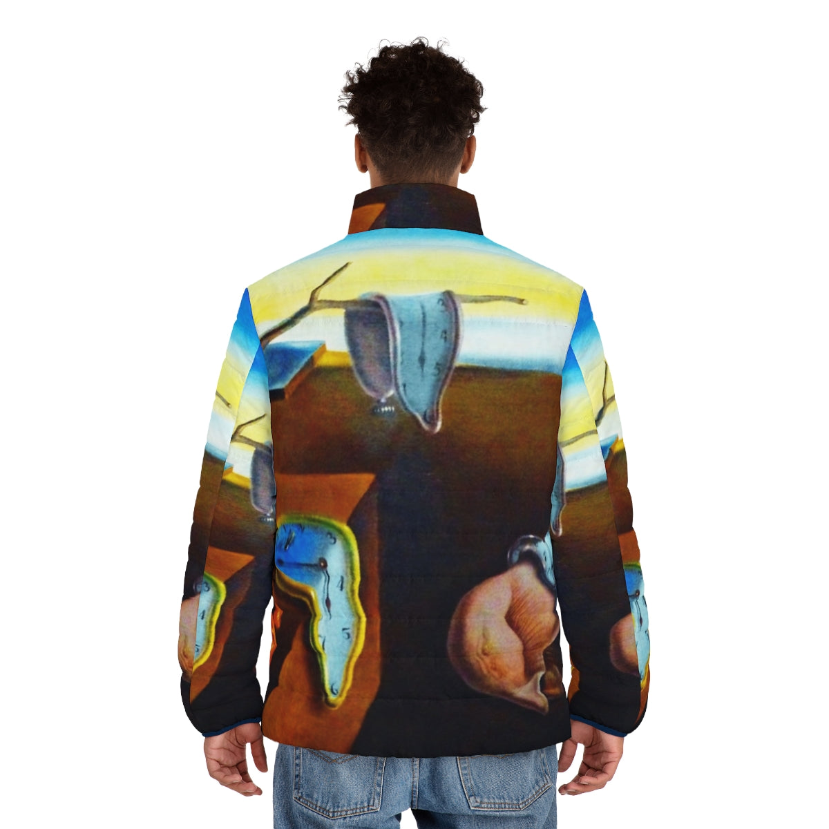 Salvador Dali's iconic 'The Persistence of Memory' painting featured on a cozy puffer jacket - men back