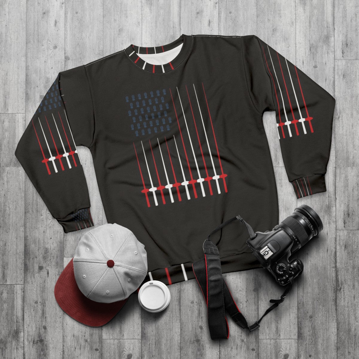 Patriotic fencing USA flag sweatshirt - flat lay