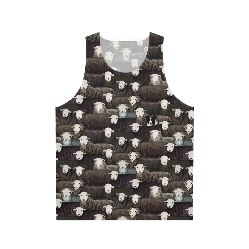 Herdwick Unisex Tank Top with Sheepdog and Farm Landscape Design