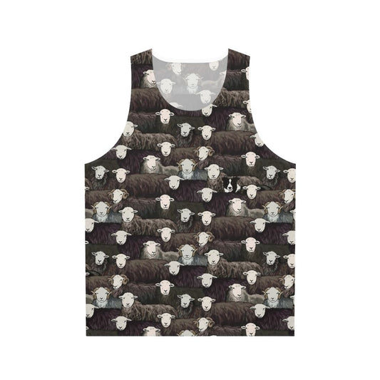 Herdwick Unisex Tank Top with Sheepdog and Farm Landscape Design