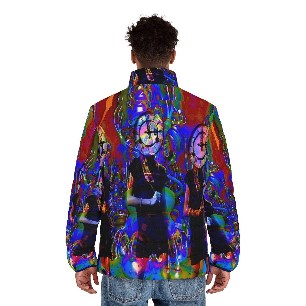 Colorful and abstract clockwork puffer jacket - men back