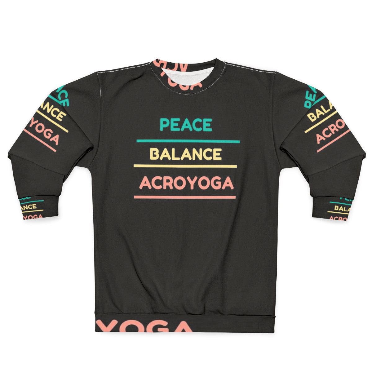 Acro yoga sweatshirt with peace, balance, and trust graphics