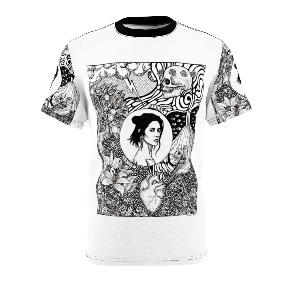 Artistic T-shirt design featuring the name and silhouette of singer-songwriter Marina Diamandis.