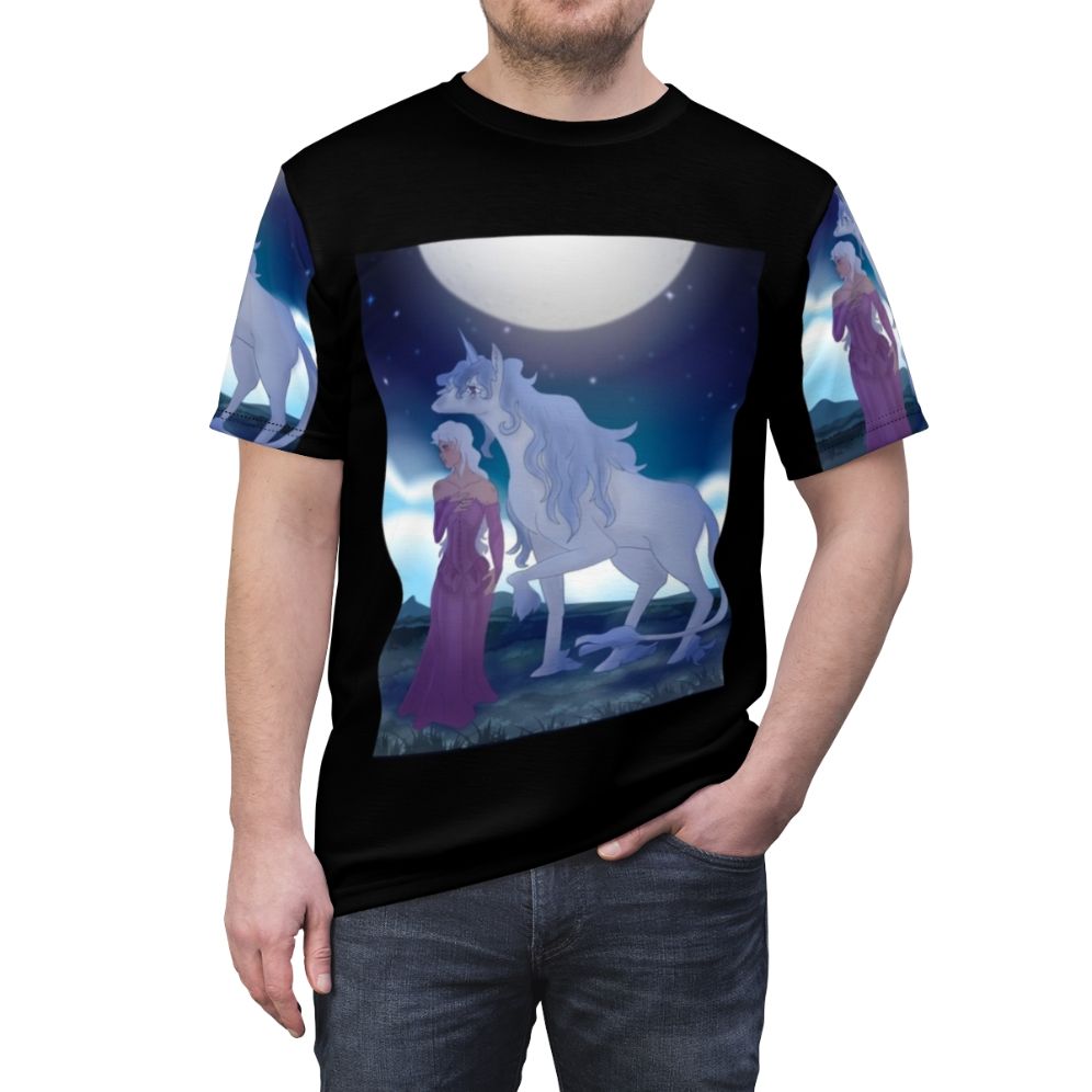 "The Last Unicorn" inspired t-shirt with whimsical unicorn artwork - men front