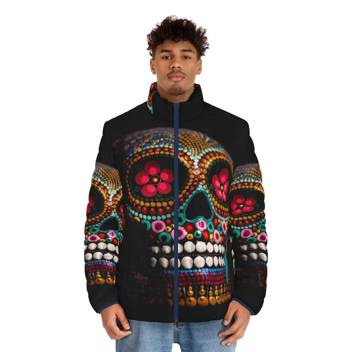 Goli multicolored skull puffer jacket with day of the dead inspired design - men front