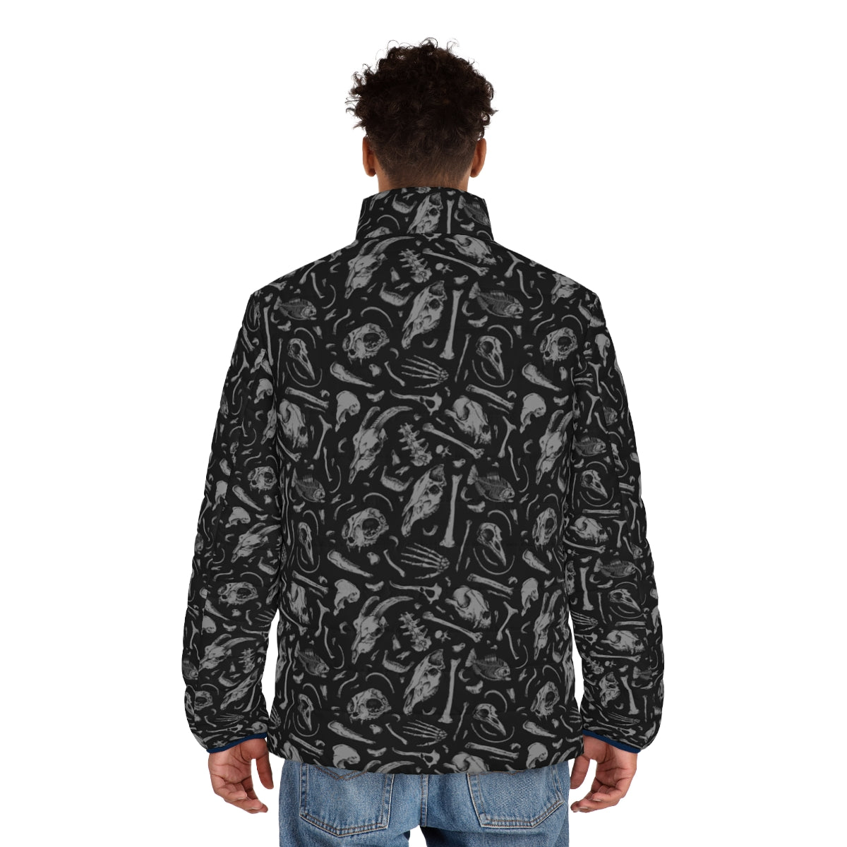 Bones Puffer Jacket - A dark and edgy patterned winter coat featuring a skull and cat design - men back