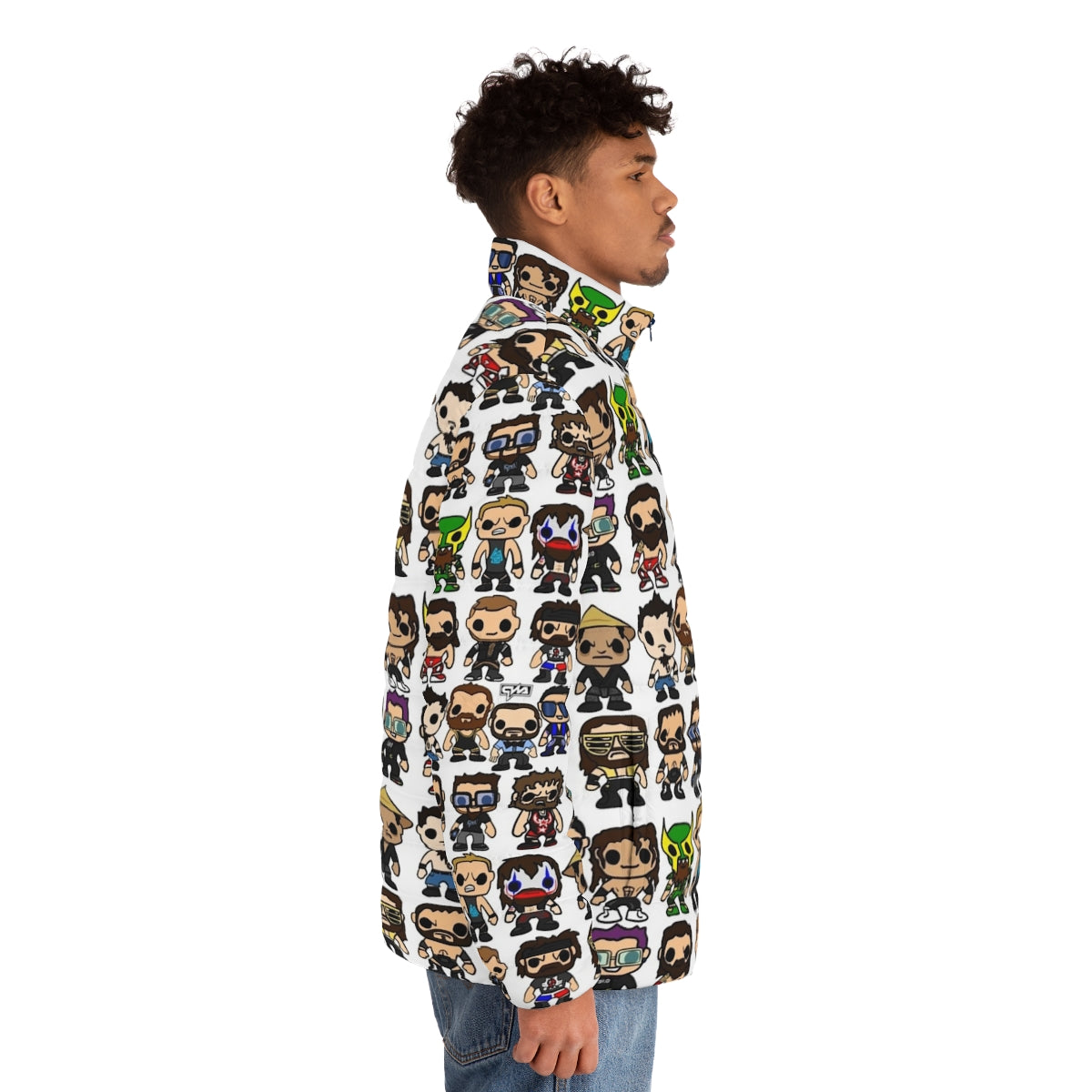 Qwa Vinyl Pop Art Puffer Jacket featuring a wrestling character figure - men side right