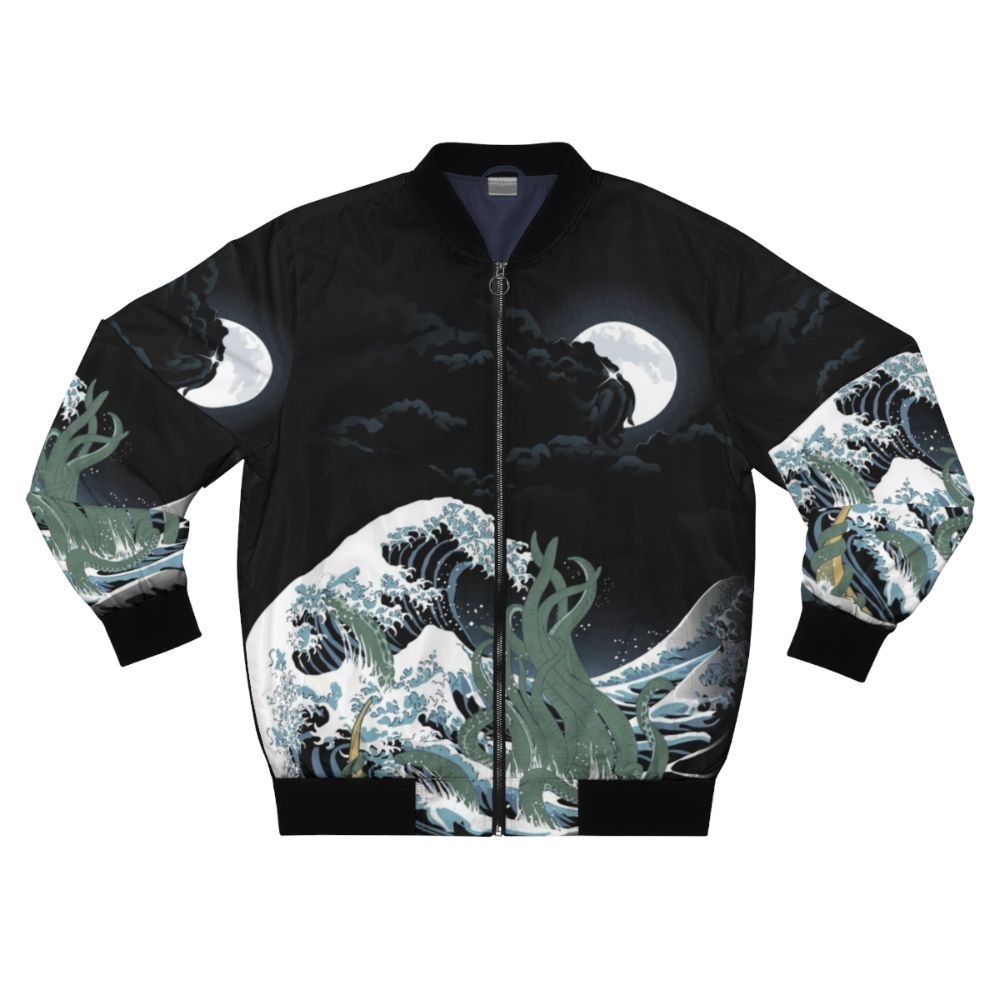 Bomber jacket featuring a Cthulhu-inspired design with a Japanese wave pattern.