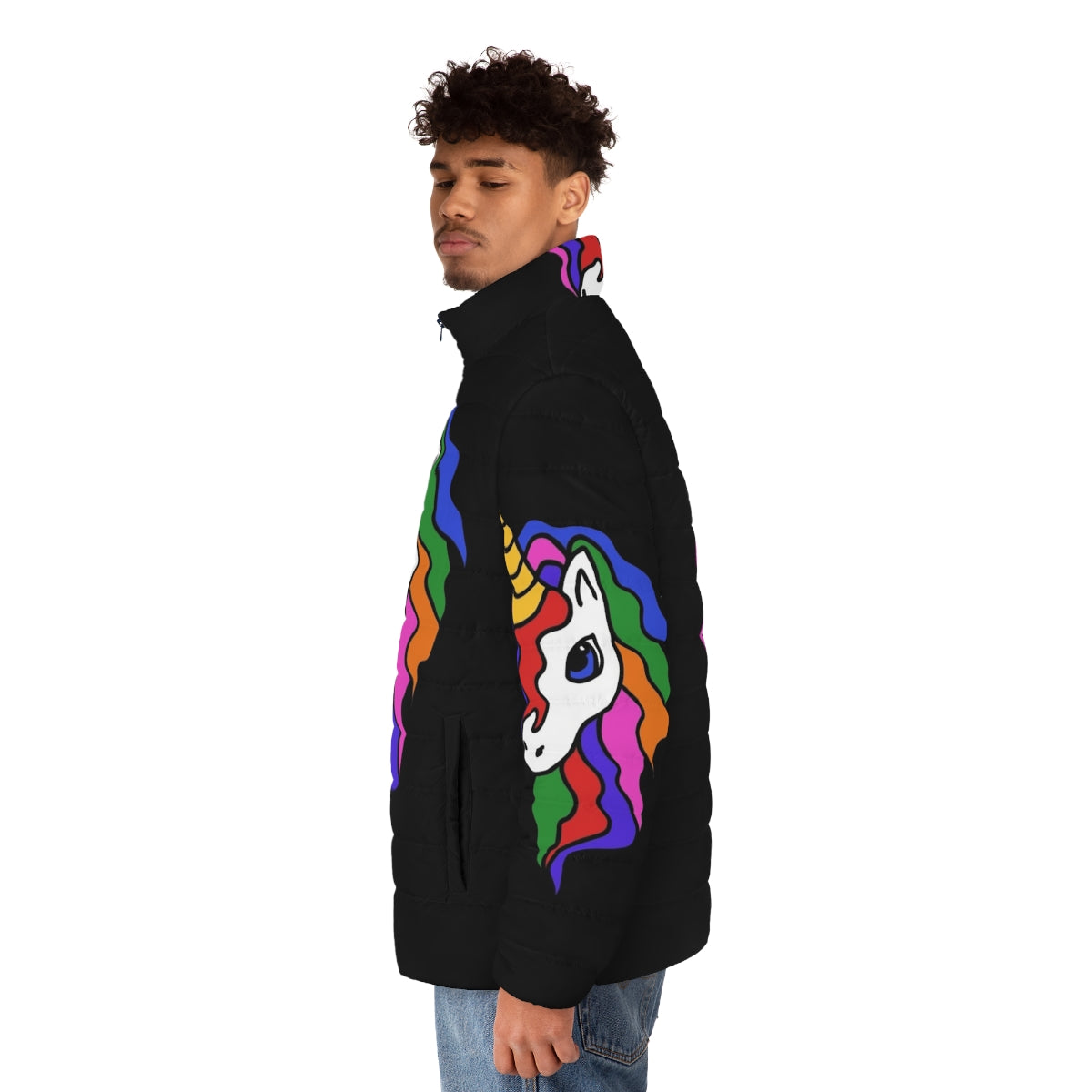 Colorful rainbow unicorn puffer jacket with a playful and whimsical design - men side left