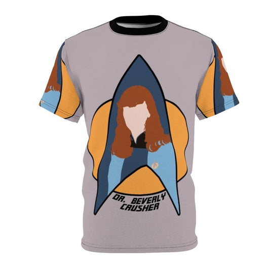 Artistic all-over-print t-shirt featuring the character Dr. Beverly Crusher from the popular science fiction TV series Star Trek: The Next Generation.