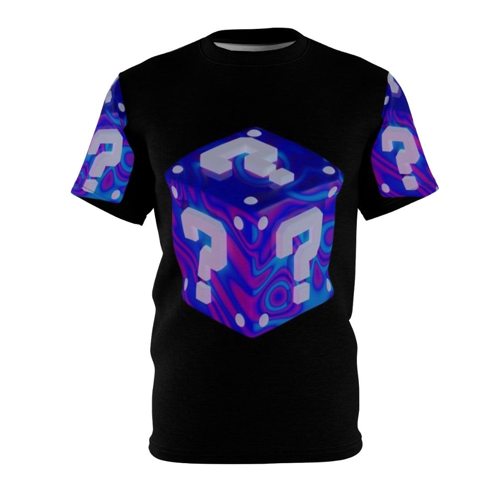 A white t-shirt featuring a vibrant, psychedelic-inspired abstract design in bold colors.