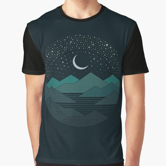 Minimalist graphic t-shirt design with mountains and stars in the night sky