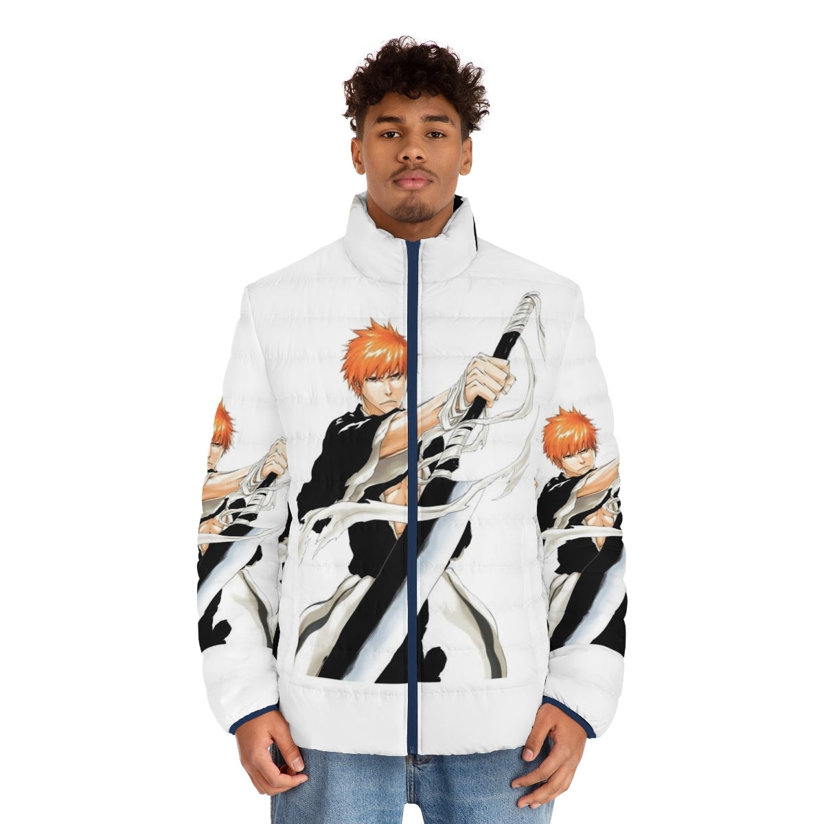 Anime-style Ichigoat Puffer Jacket with anime character design - men front