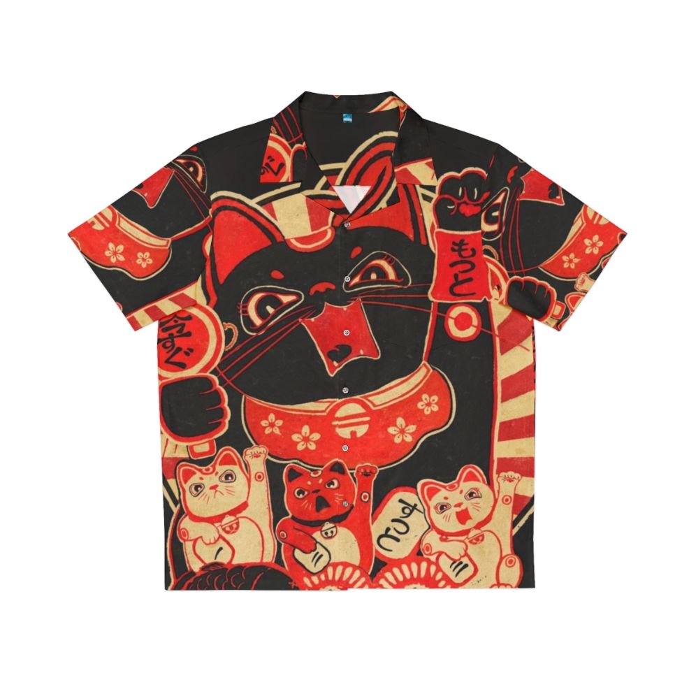 Quirky retro Hawaiian shirt with a lucky cat revolution design