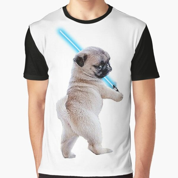 Pug wearing a Star Wars-inspired lightsaber graphic on a t-shirt