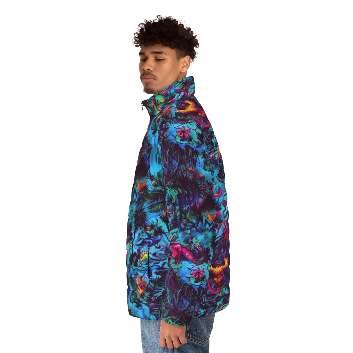 Colorful and vibrant paleo party puffer jacket featuring dinosaur and prehistoric fanart design - men side left