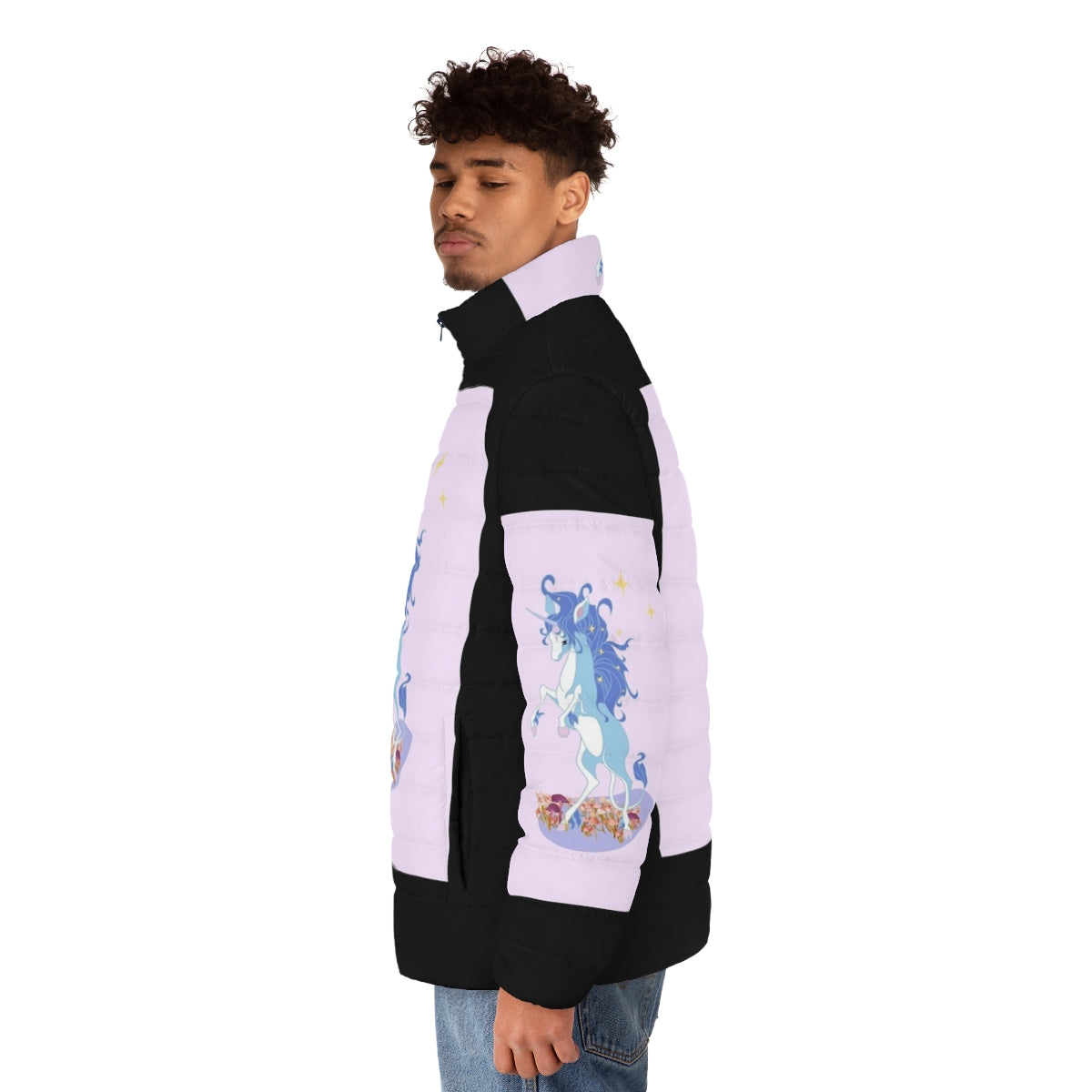 A whimsical puffer jacket featuring the iconic unicorn from the beloved fantasy film The Last Unicorn. - men side left