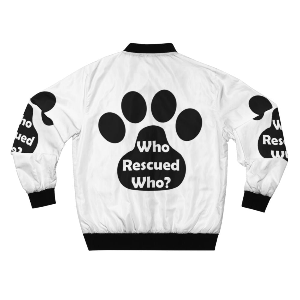 Black bomber jacket with "Who Rescued Who?" design, animal rescue theme - Back