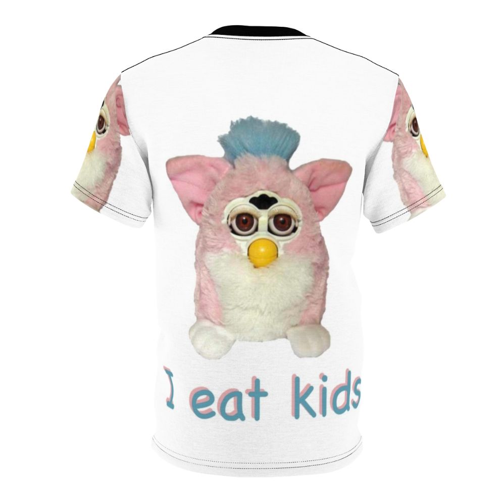 Graphical t-shirt design featuring a cursed Furby character with the text "I Eat Kids" - Back