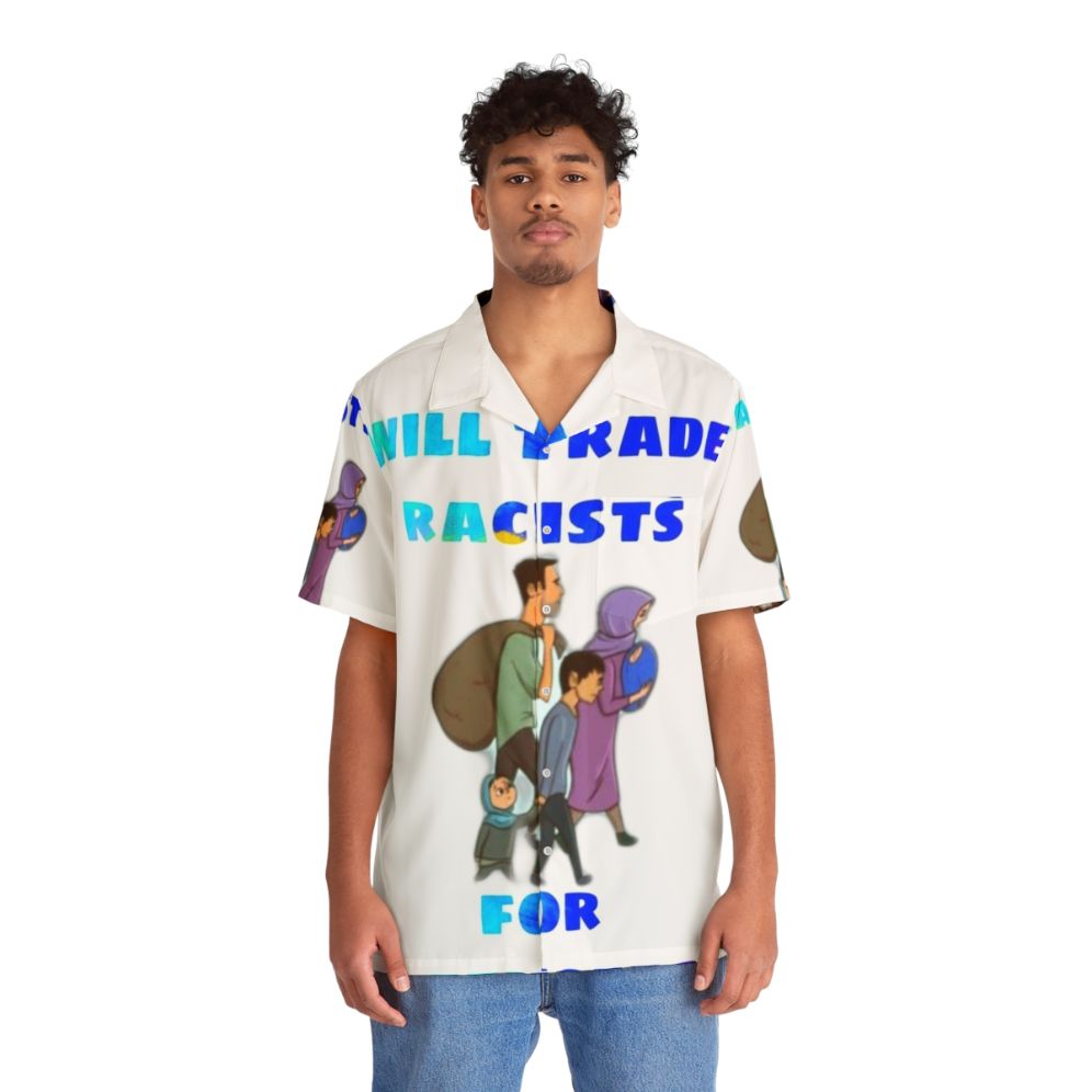 Anti-Racism Hawaiian Shirt with "Trade Racists for Refugees" Text - Lifestyle