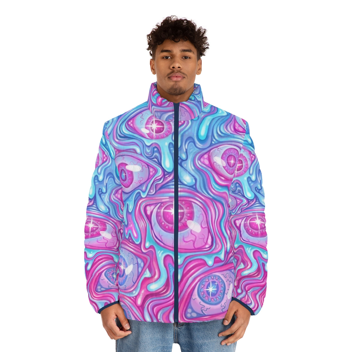 Colorful puffer jacket with a vibrant eyeball pattern design - men front