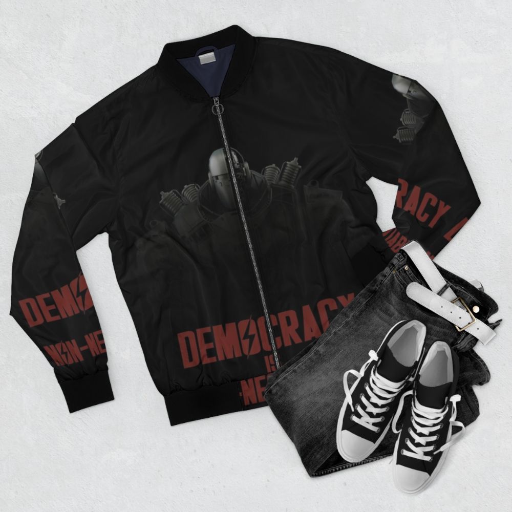 Fallout Liberty Prime bomber jacket featuring a bold democracy design - Flat lay