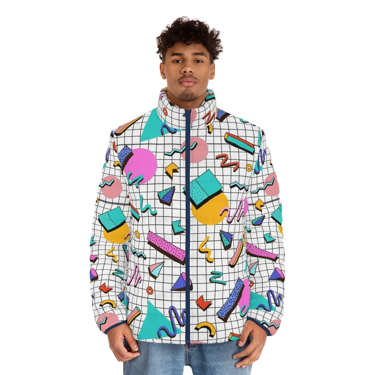 Funky 80s puffer jacket with colorful retro memphis pattern design - men front