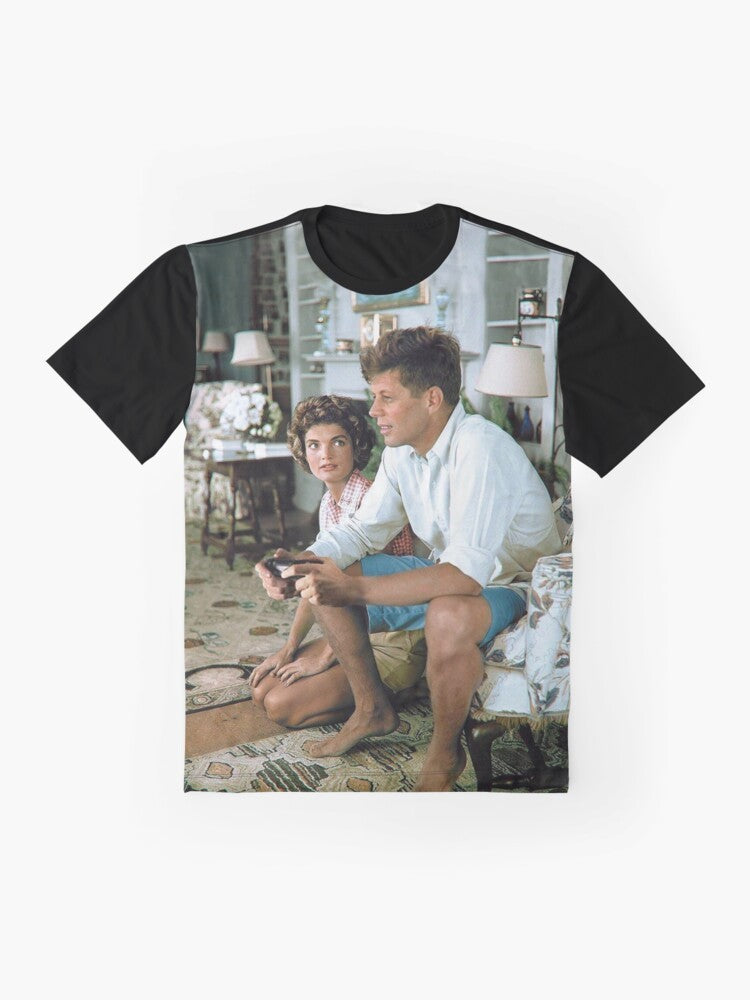 "Graphic tee featuring JFK playing on a PS4 controller with 'Press F' text" - Flat lay