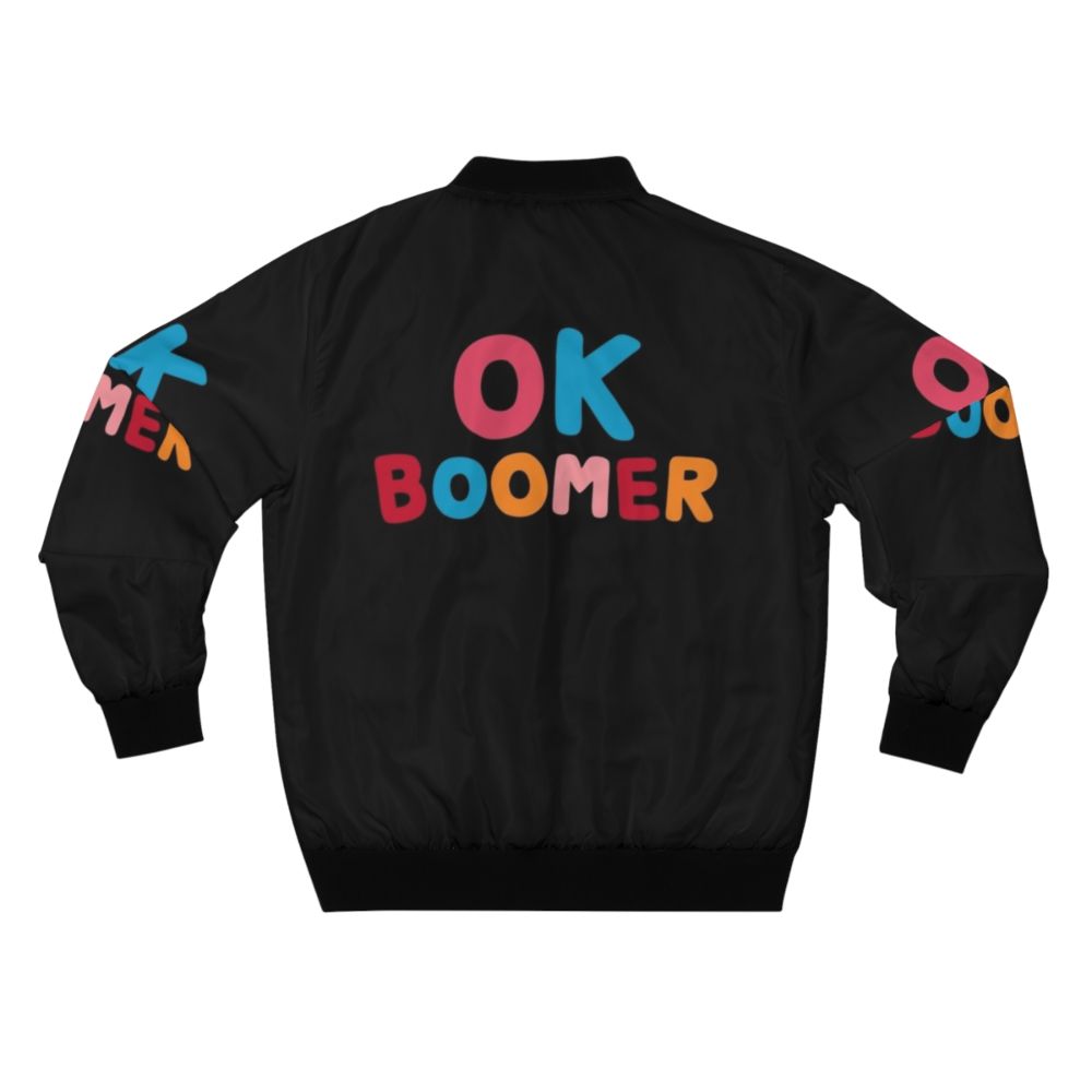 "Ok Boomer" Bomber Jacket with Colorful Typographic Design - Back