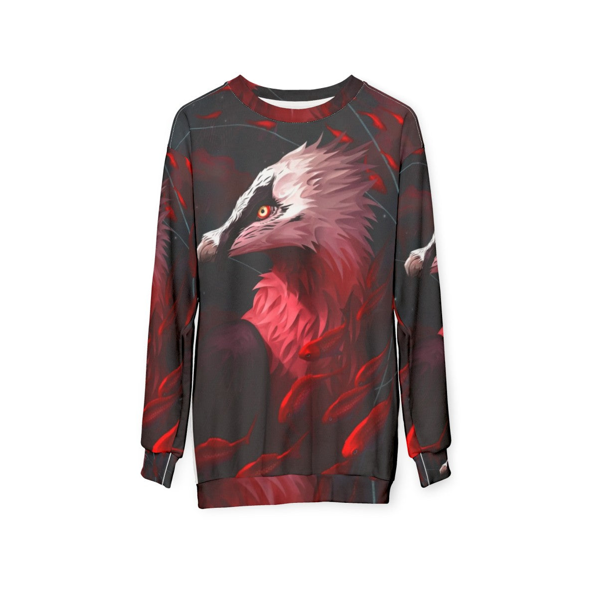 Bearded vulture and koi fish design on a grey sweatshirt - hanging