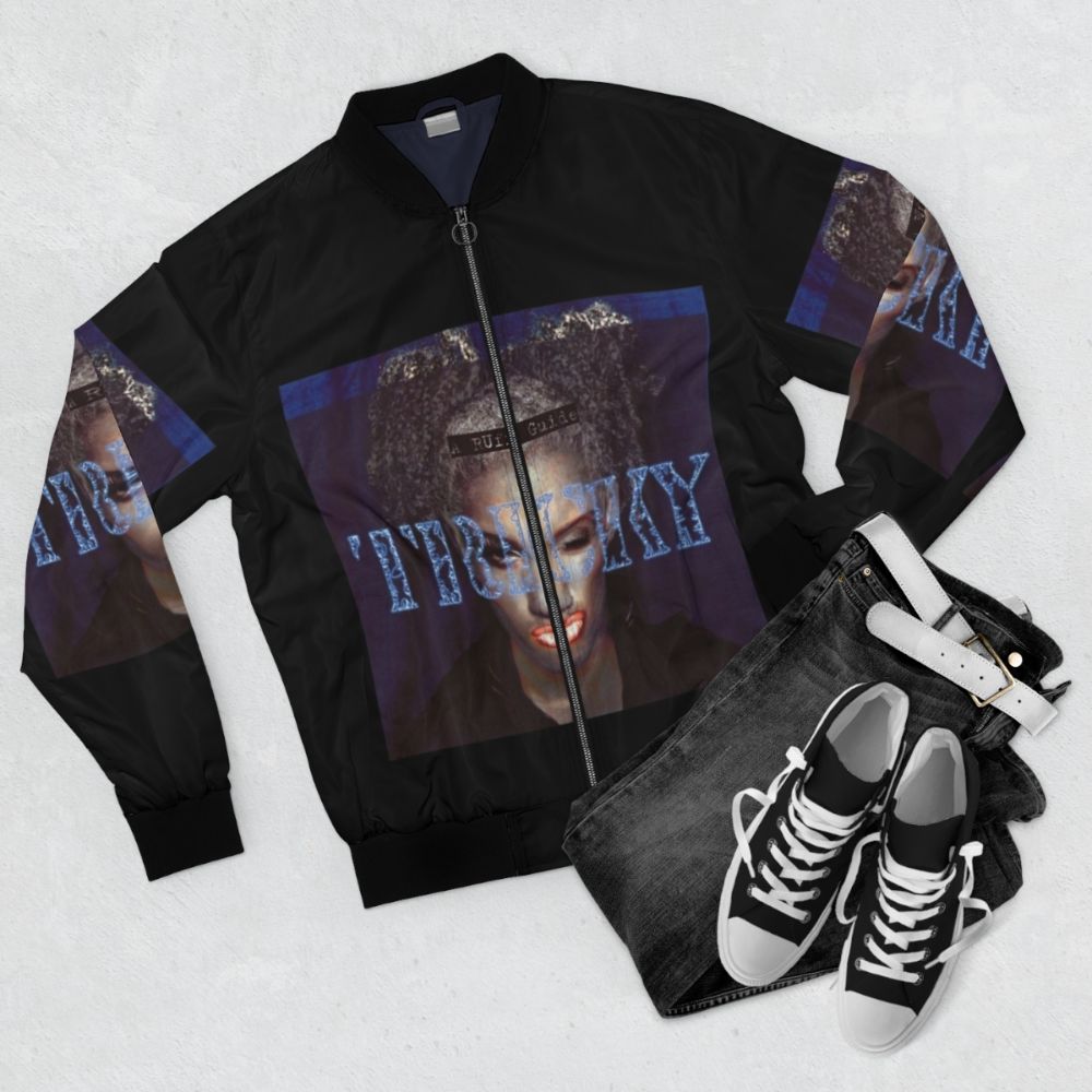 Tricky's 'A Ruff Guide' inspired bomber jacket with a stylish and edgy design - Flat lay