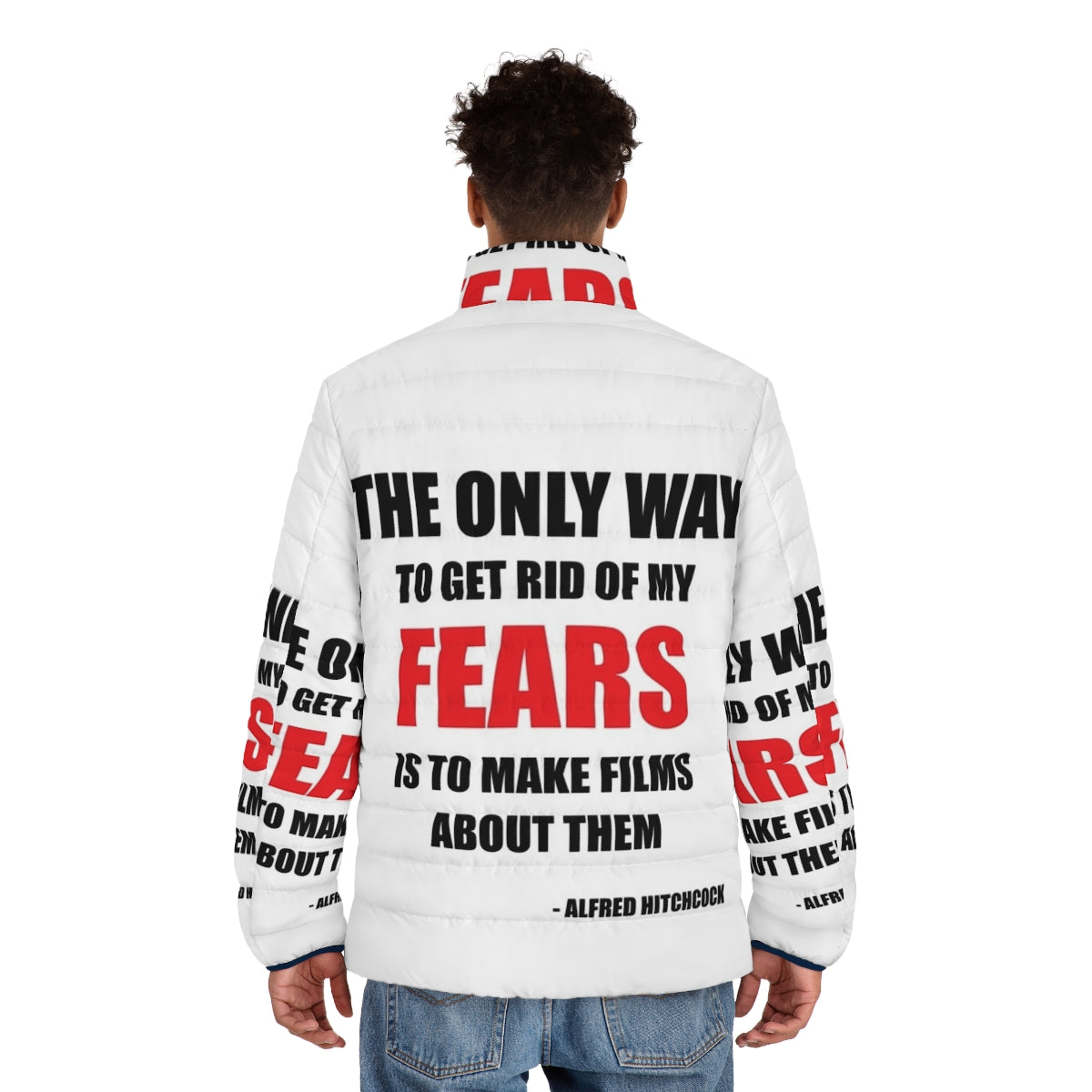 Alfred Hitchcock Quote Puffer Jacket featuring famous horror movie director's iconic quotes - men back