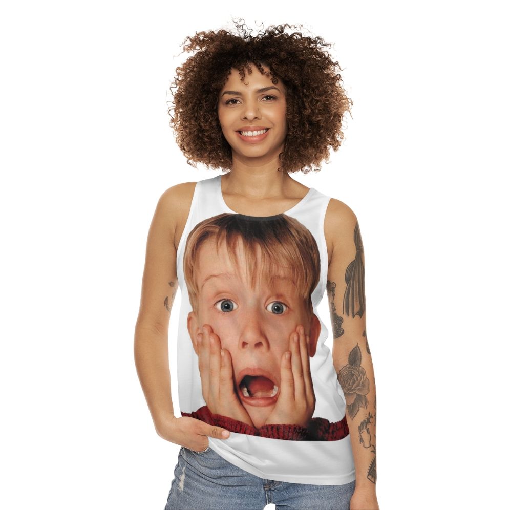 Macauly Culkin in his iconic "Home Alone" role on a unisex tank top - women