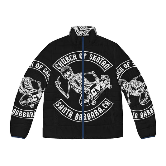 Church of Skatan white puffer jacket with skeleton design