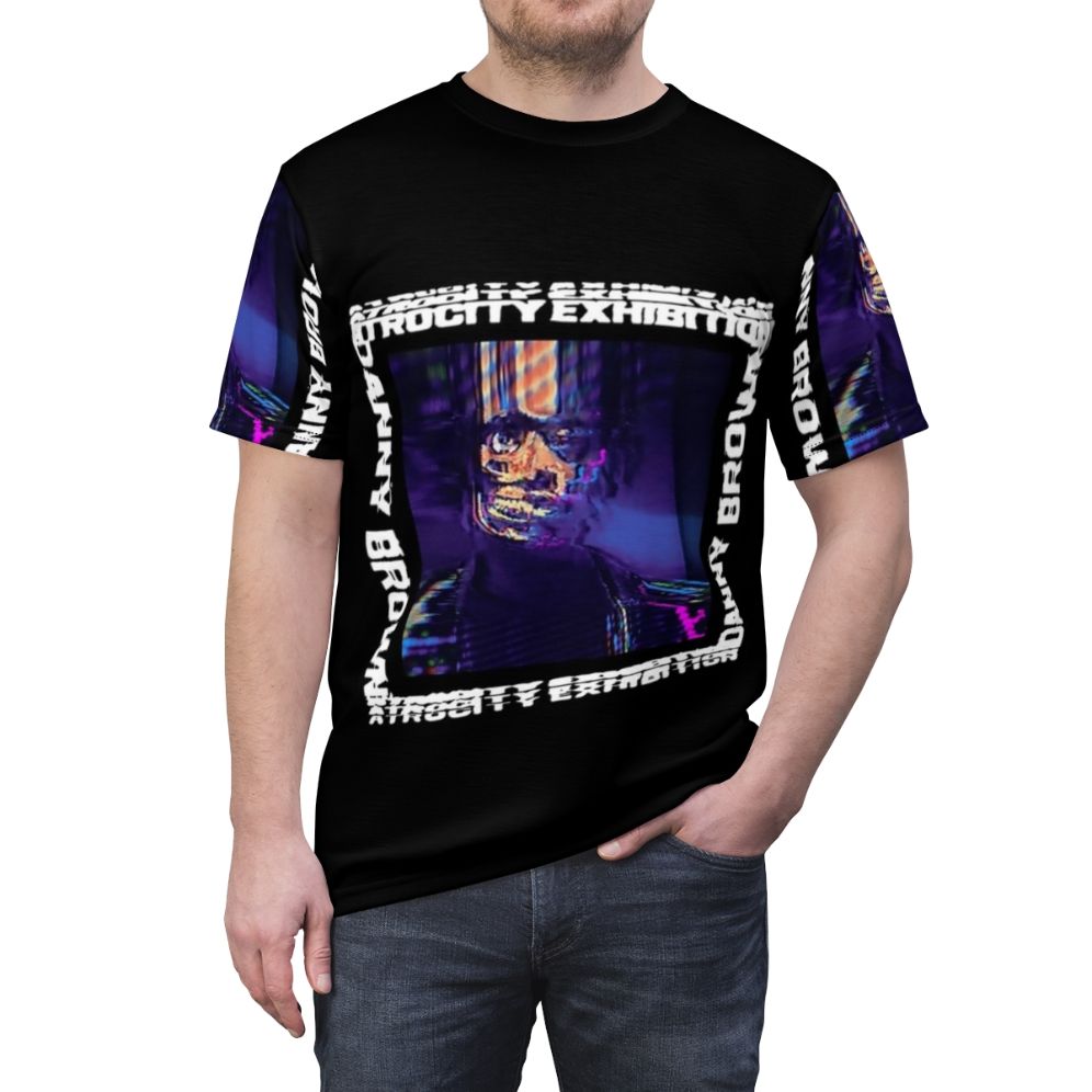 Edgy dark t-shirt with album cover art inspired by Danny Brown's 'Atrocity Exhibition' - men front