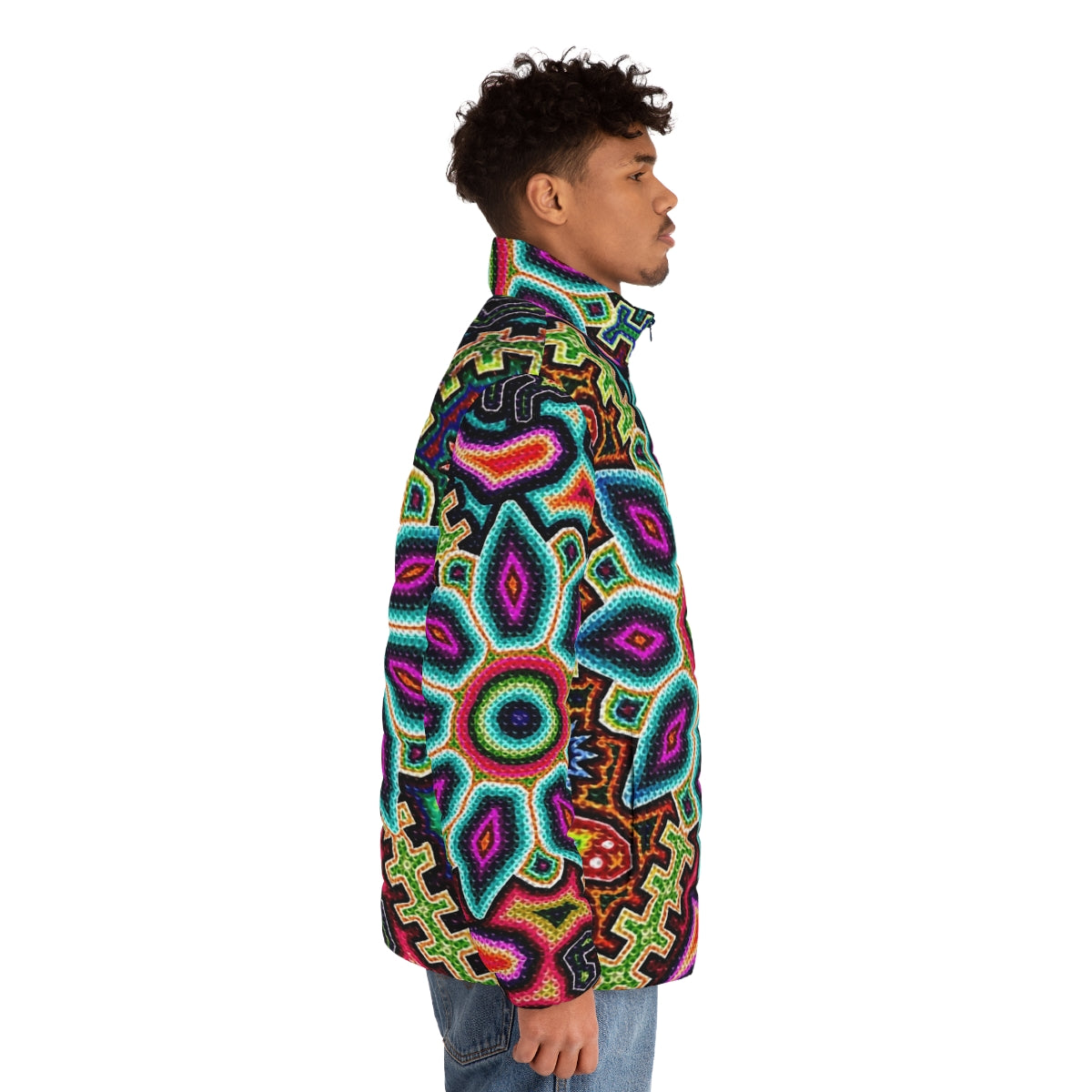 Huichol Art Mexico Puffer Jacket with Vibrant Colors and Traditional Designs - men side right