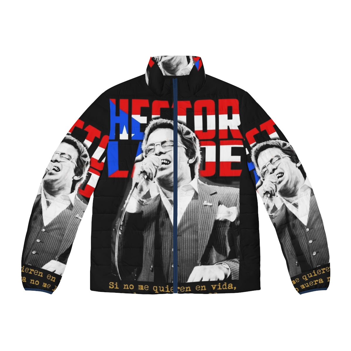 Hector Lavoe inspired salsa puffer jacket, featuring vibrant Latin music graphics