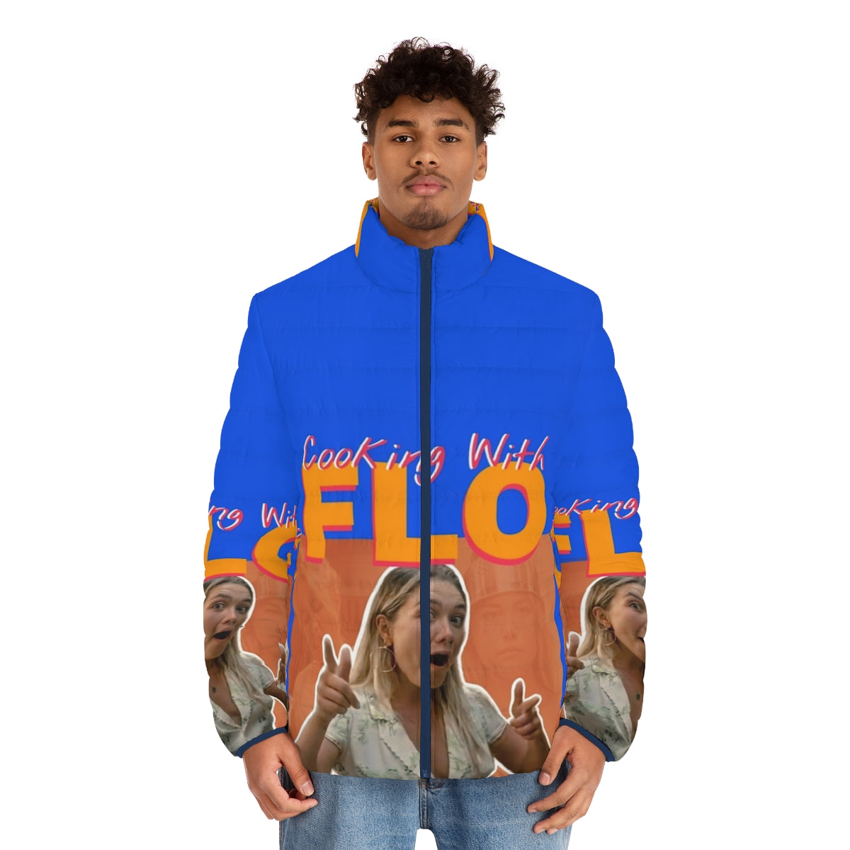 Cooking With Flo puffer jacket featuring a classic t-shirt design - men front