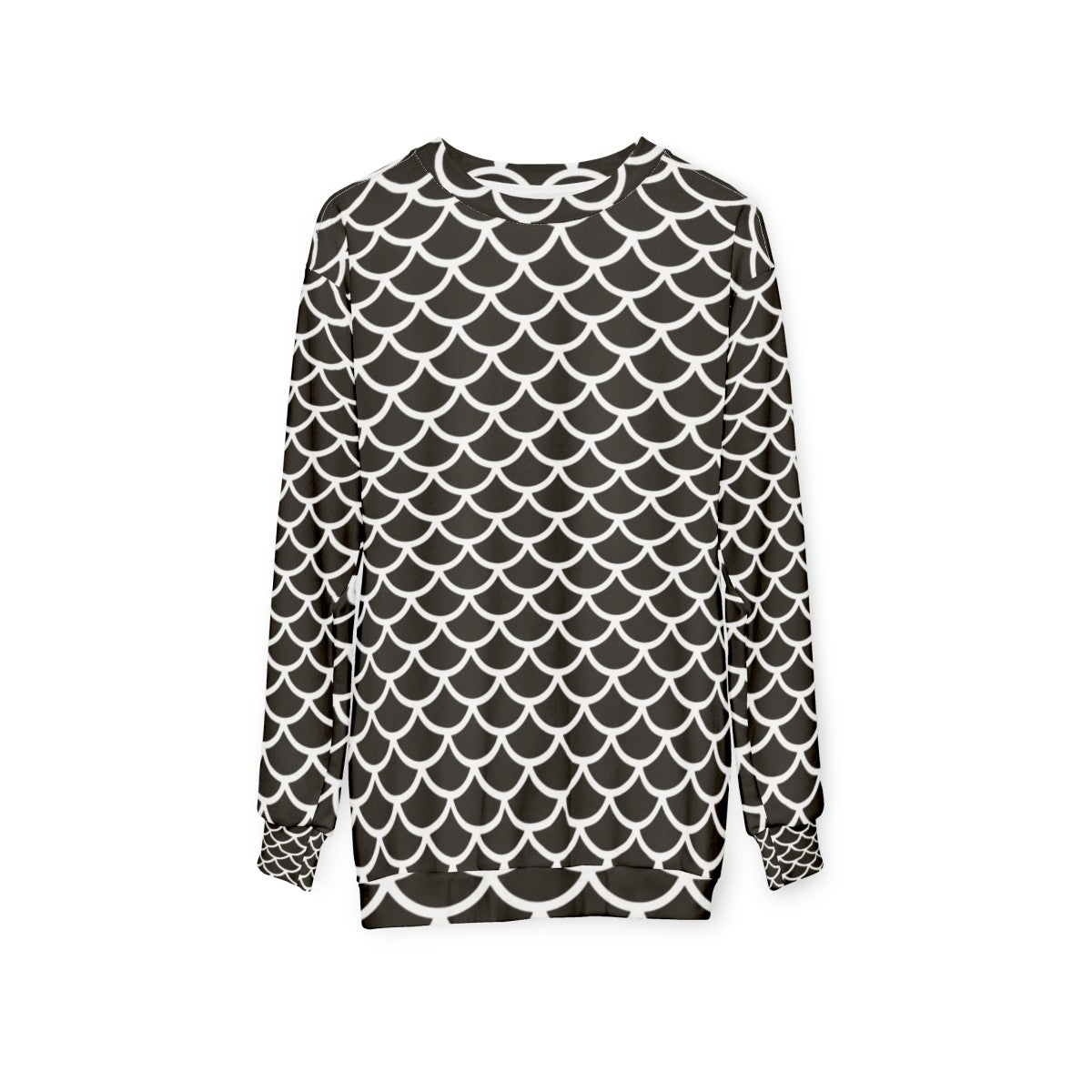 Black and white fish scale geometric pattern sweatshirt - hanging