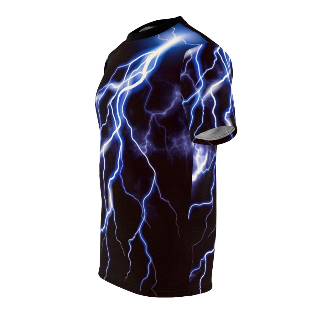 Person wearing a t-shirt with a vibrant lightning bolt graphic design on a night sky background - men left