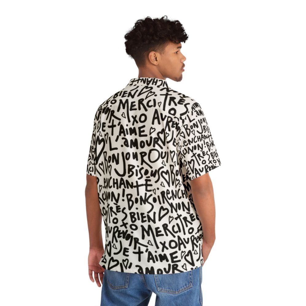 French-inspired Hawaiian shirt with "I Love You" phrase in white text on black and white background - People Back