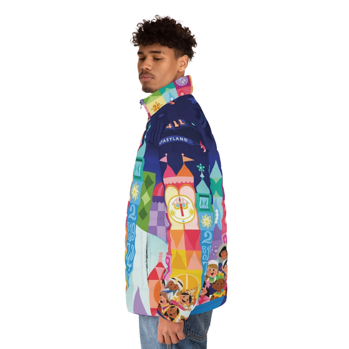 Small World Fantasyland Puffer Jacket with Whimsical Disney-inspired Design - men side left