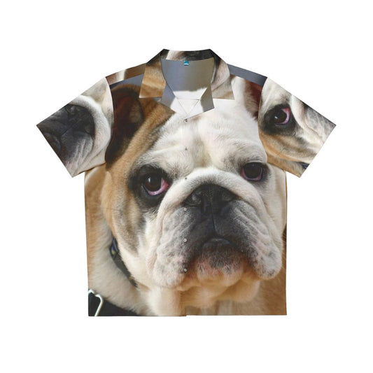 English Bulldog wearing a vibrant Hawaiian-style shirt