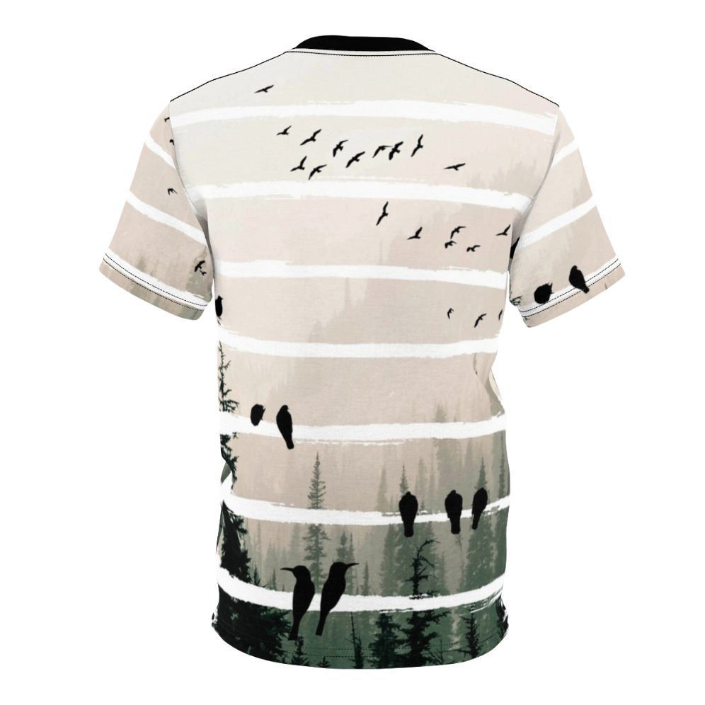 Artistic abstract geometric t-shirt design featuring misty forest, nature landscape, and birds in flight silhouette - Back