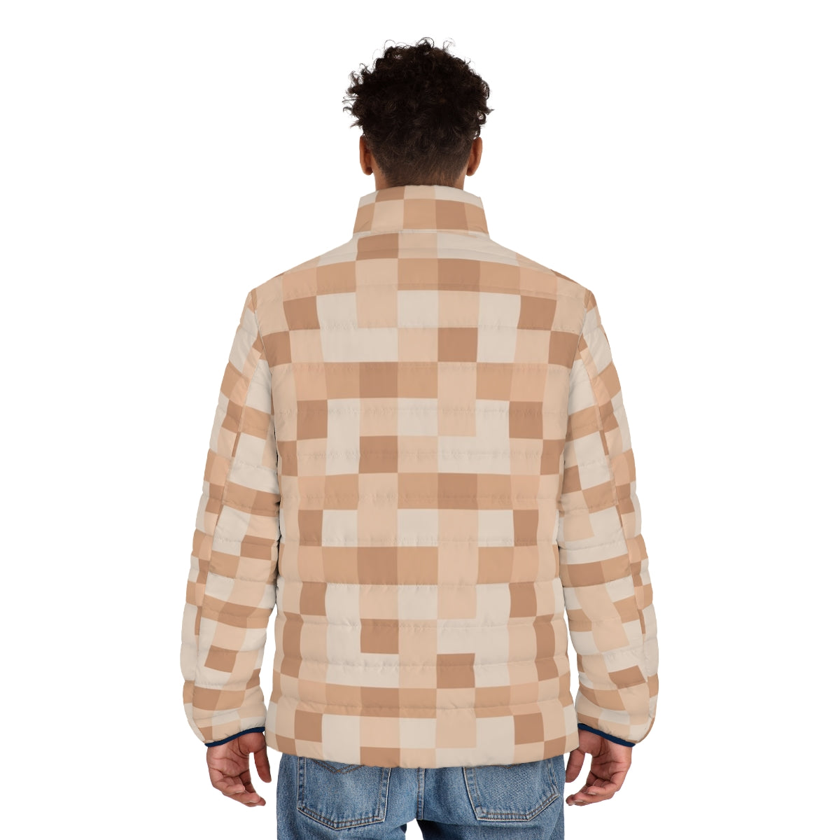 Pixelated light skin puffer jacket with censored nudity design - men back