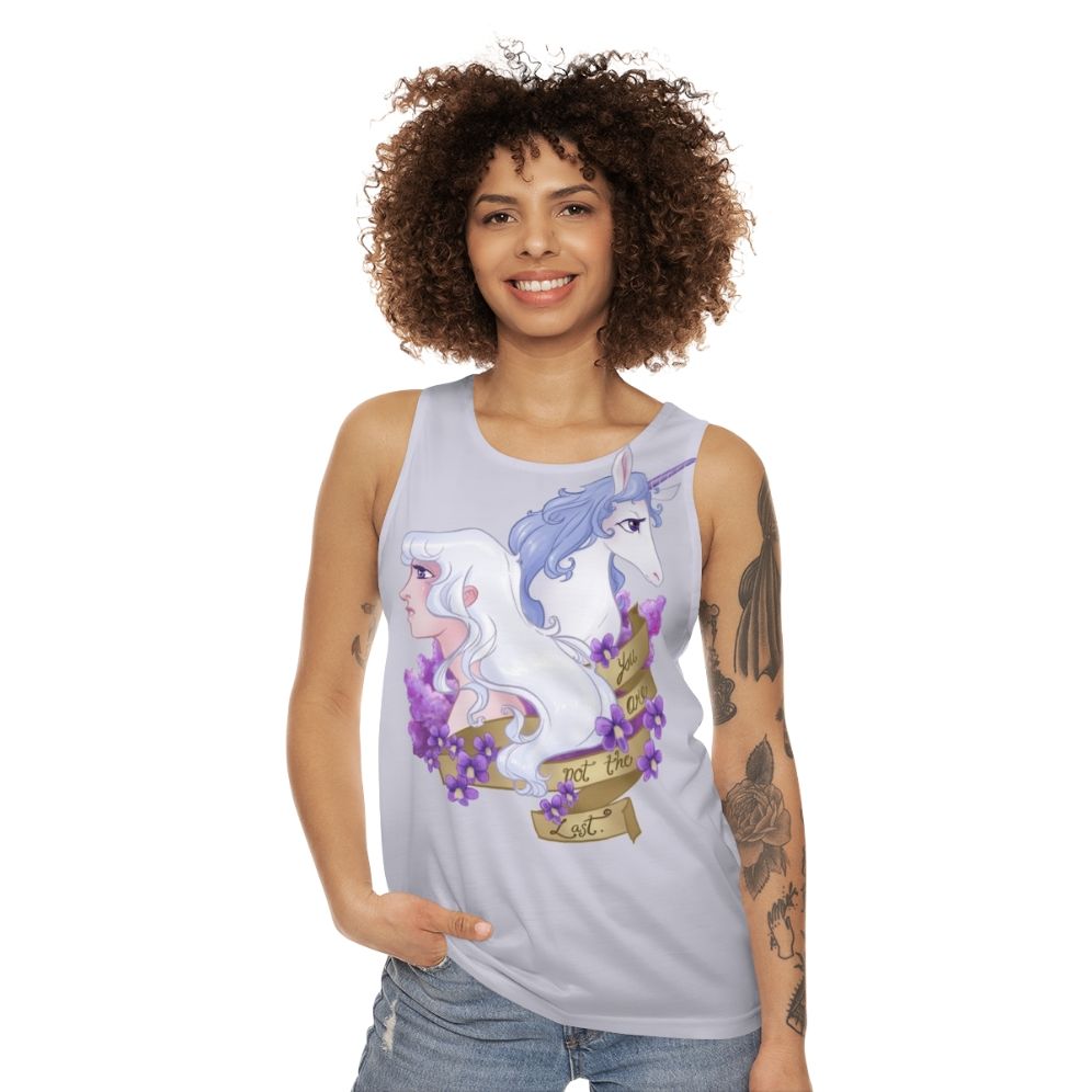 "Unisex 'Not The Last' fantasy tank top with floral and unicorn design" - women