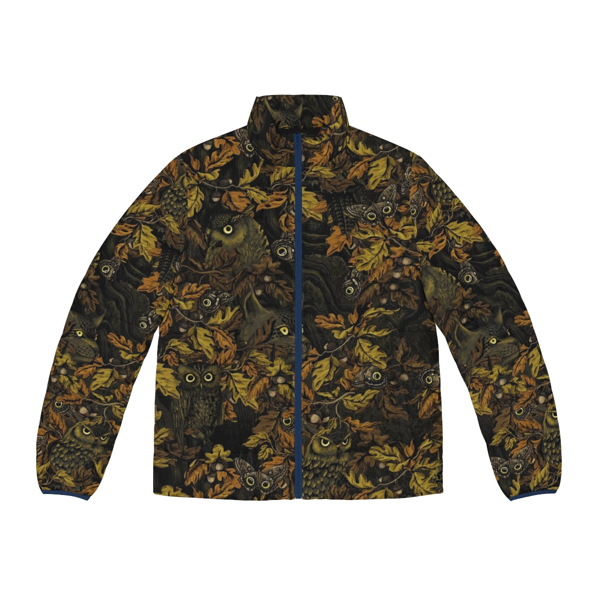 A stylish burnt sienna puffer jacket with a nature-inspired camouflage pattern, perfect for outdoor adventures.