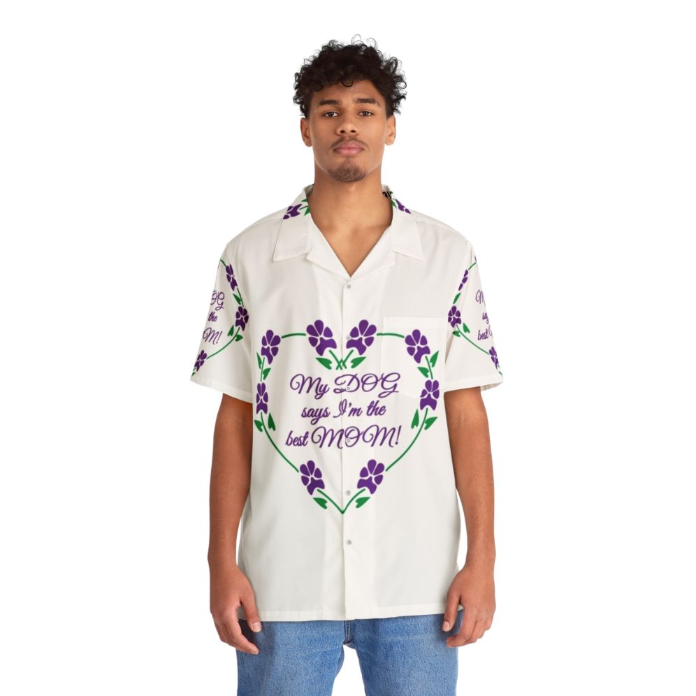 Best Dog Mom Hawaiian Shirt with Purple Pawprint Flowers - People Front