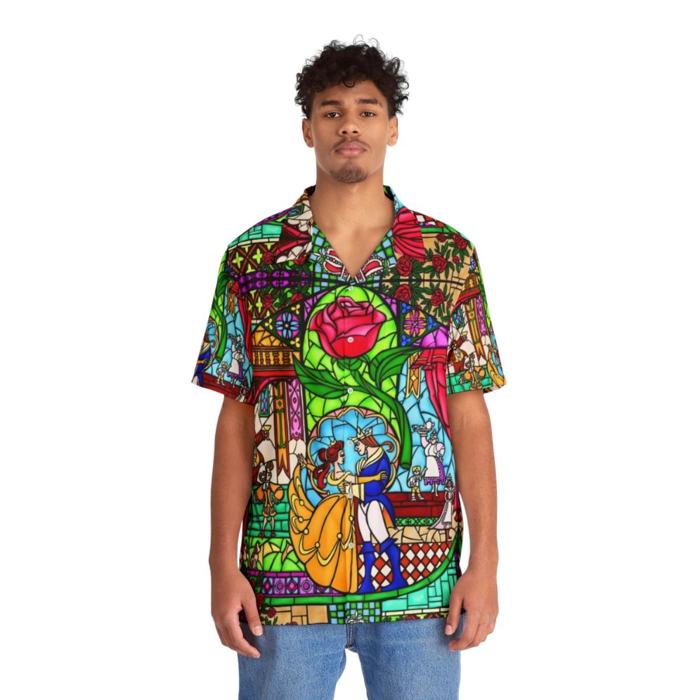 Stained Glass Window Hawaiian Shirt with Colorful Floral Pattern - People Front