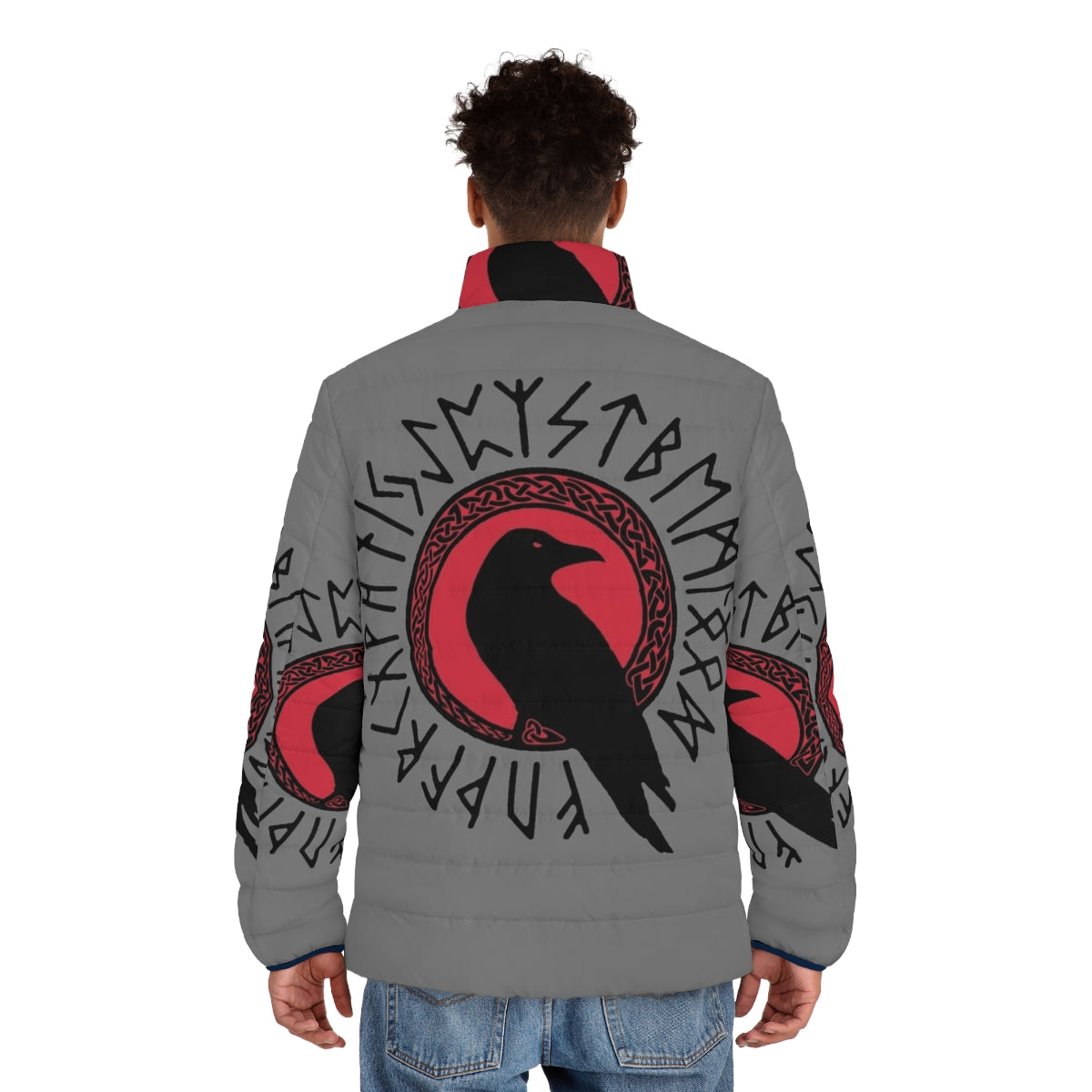 Futhark Puffer Jacket with Viking-inspired raven and rune designs - men back